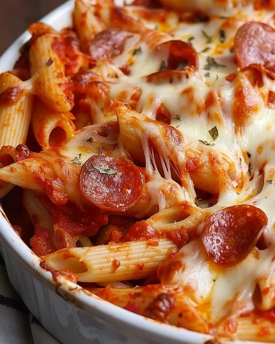 Delicious Pizza Pasta Bake with melted cheese and vibrant toppings
