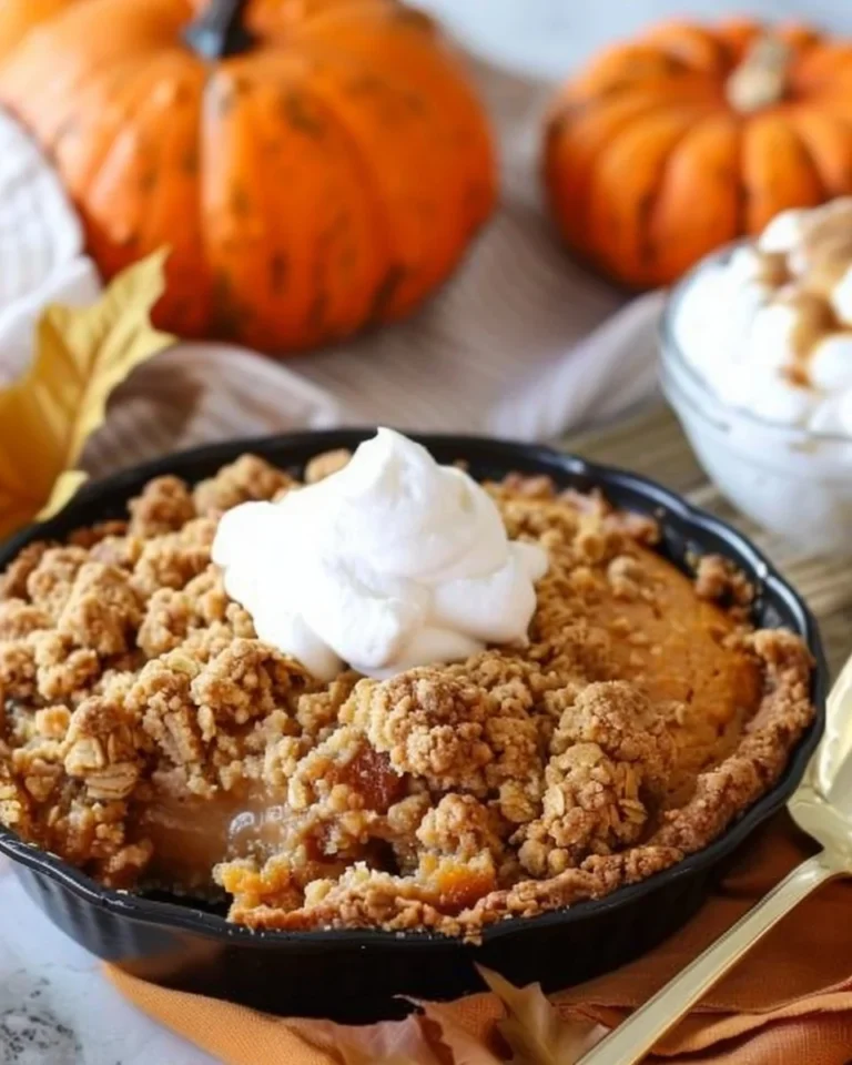 Delicious Pumpkin Pie Crisp served in a dessert dish for Thanksgiving celebration.