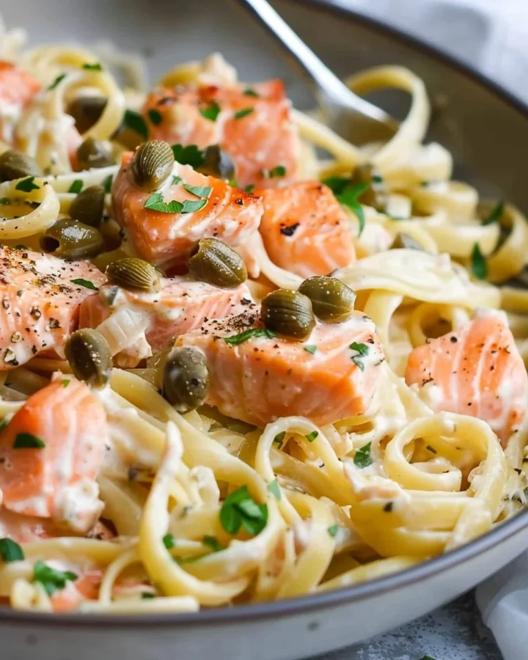 Delicious salmon and capers pasta dish garnished with herbs