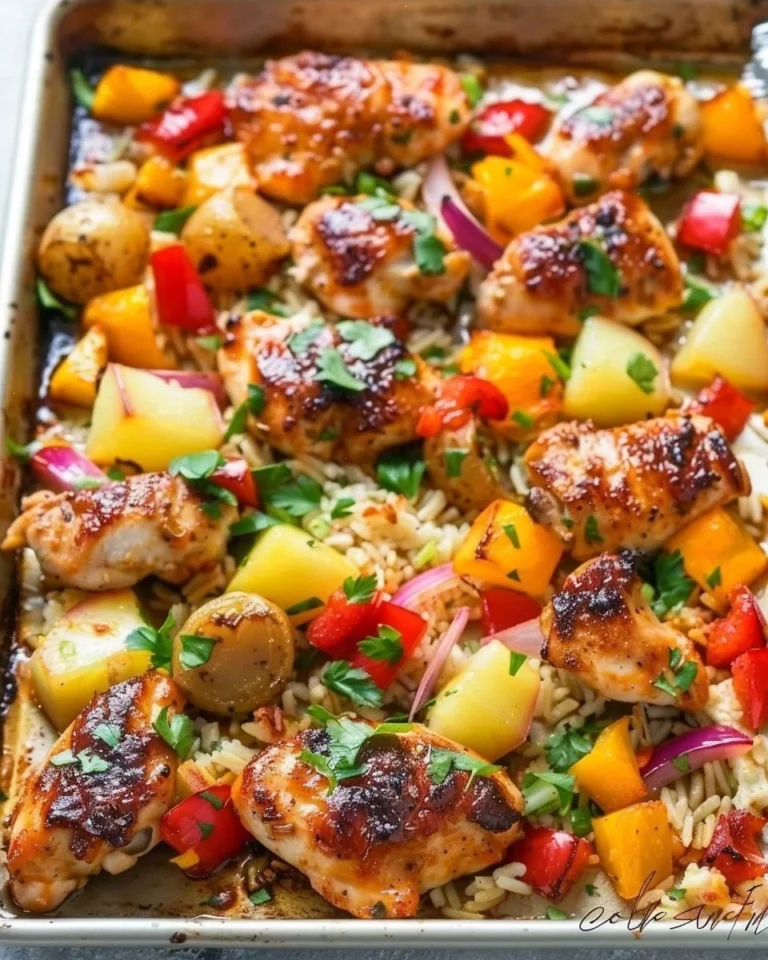 Sheet pan Hawaiian chicken with colorful vegetables ready to serve