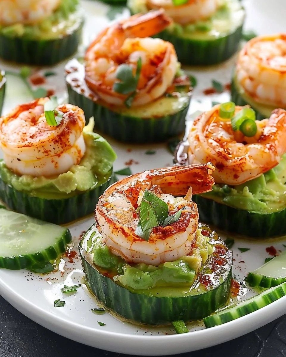 Shrimp avocado cucumber bites on a plate for a fresh appetizer