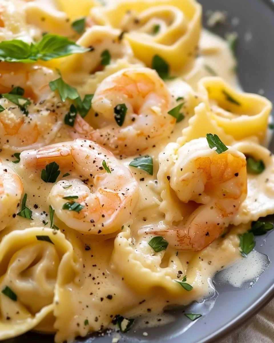Plate of Shrimp Tortellini Alfredo garnished with parsley