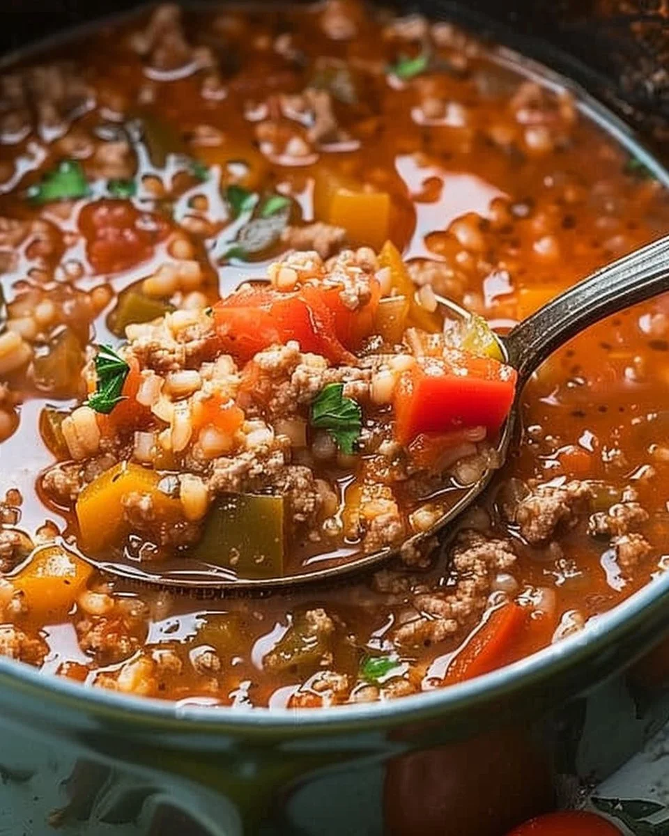 Delicious slow cooker stuffed pepper soup in a bowl with fresh herbs