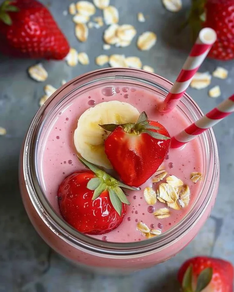 Delicious Strawberry Banana Oat Smoothie in a glass with fresh fruit.