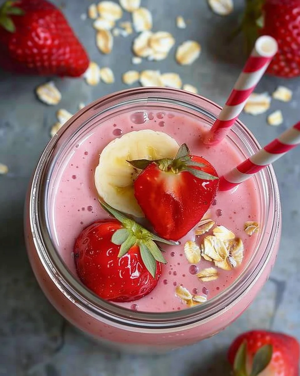 Delicious Strawberry Banana Oat Smoothie in a glass with fresh fruit.