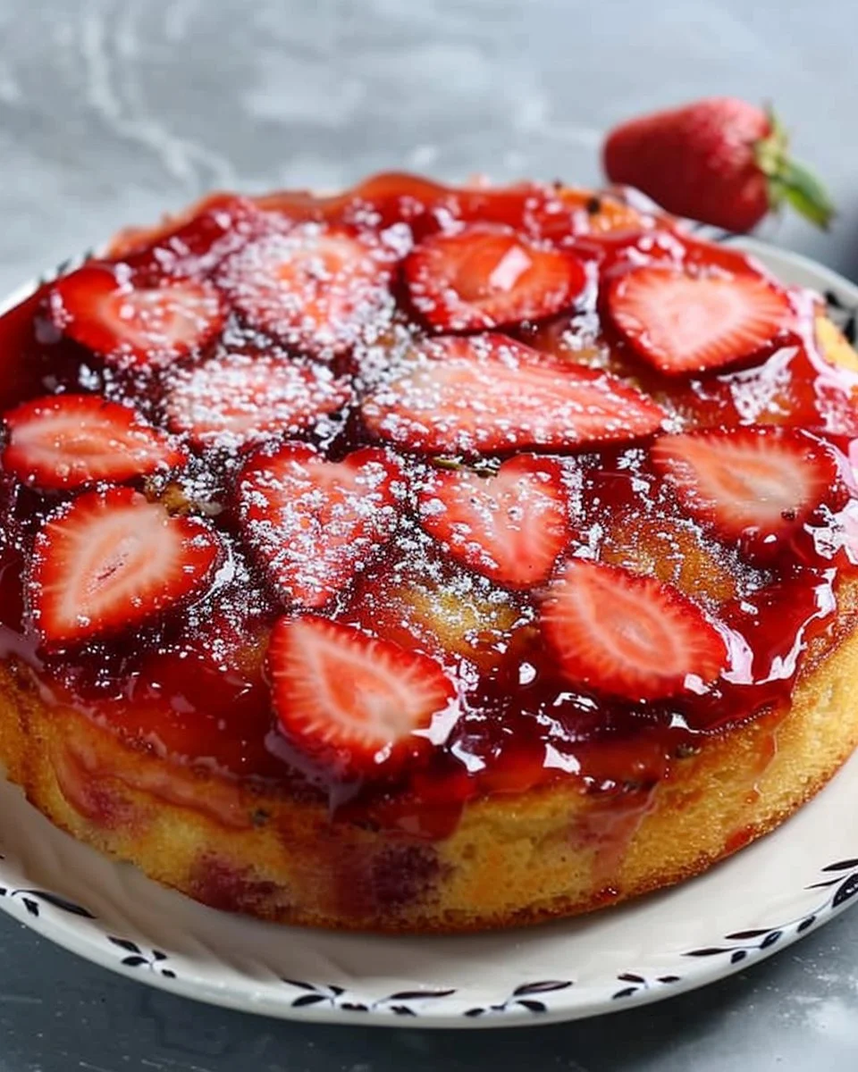 Delicious Strawberry Upside-Down Cake served on a plate with fresh strawberries