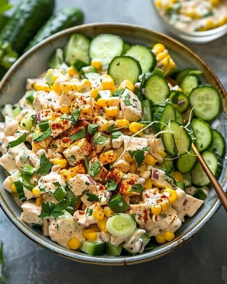 Street Corn Creamy Cucumber Chicken Salad with fresh ingredients and flavors.