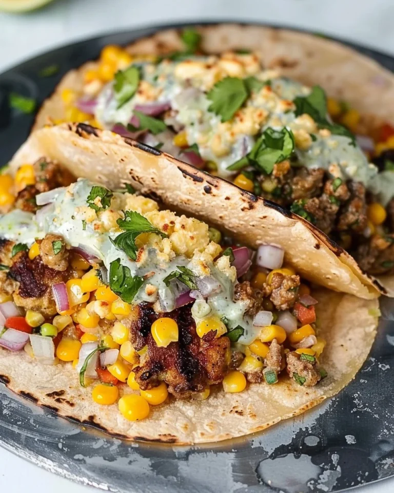 Delicious street corn smash burger tacos served on a plate.