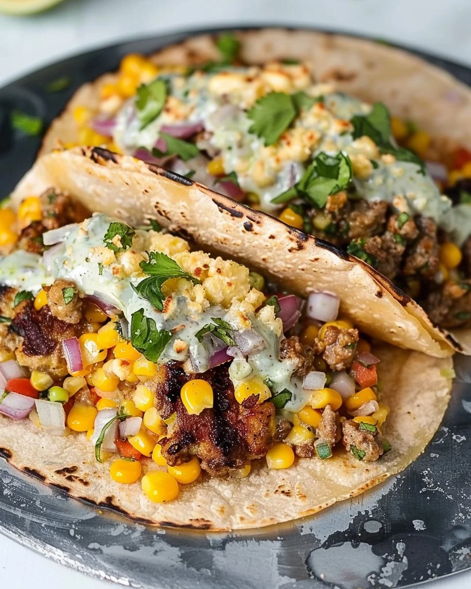 Delicious street corn smash burger tacos served on a plate.