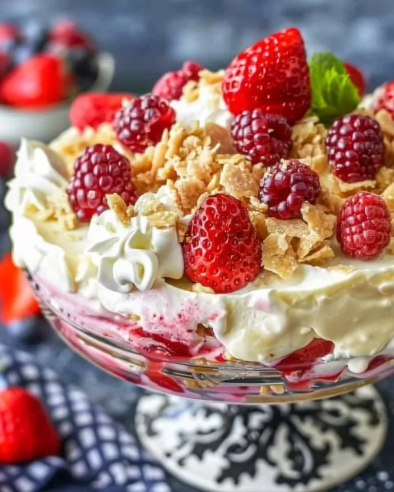 Delicious summer cheesecake salad in a bowl, topped with fresh fruits.