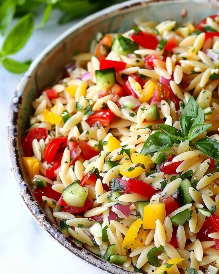 Colorful summer orzo pasta salad with fresh vegetables and herbs