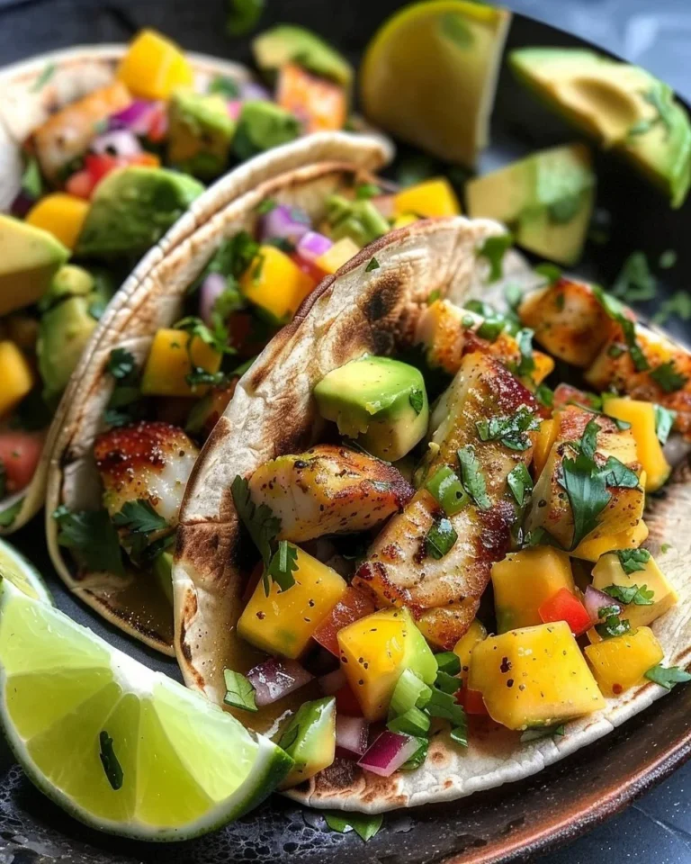 Swordfish tacos topped with mango avocado salsa served on a plate.