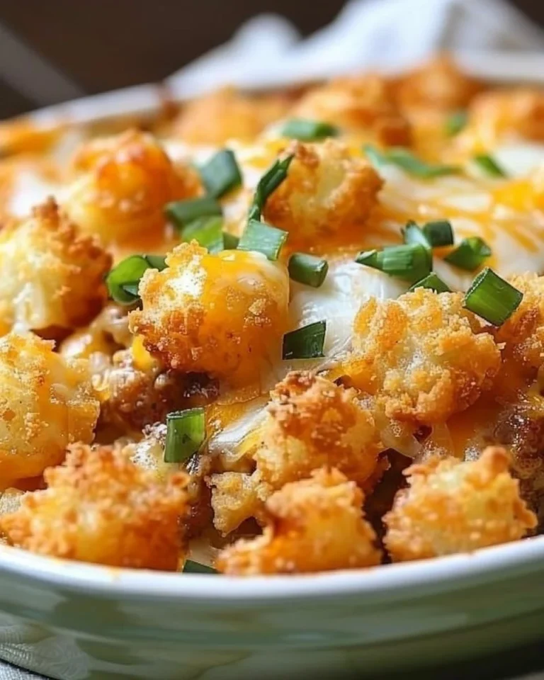Delicious Tater Tot Casserole baked until golden and bubbly, perfect for dinner.