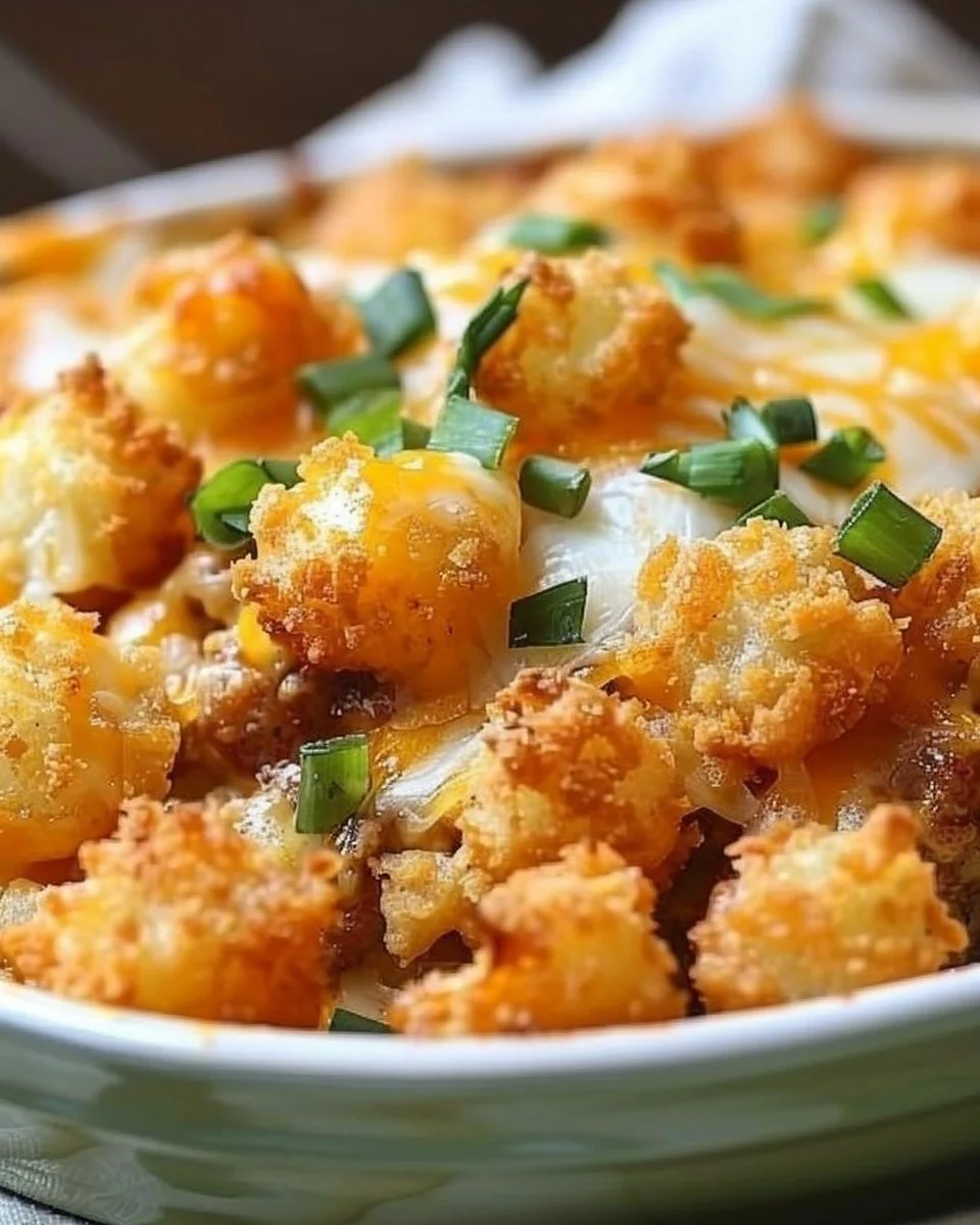 Delicious Tater Tot Casserole baked until golden and bubbly, perfect for dinner.