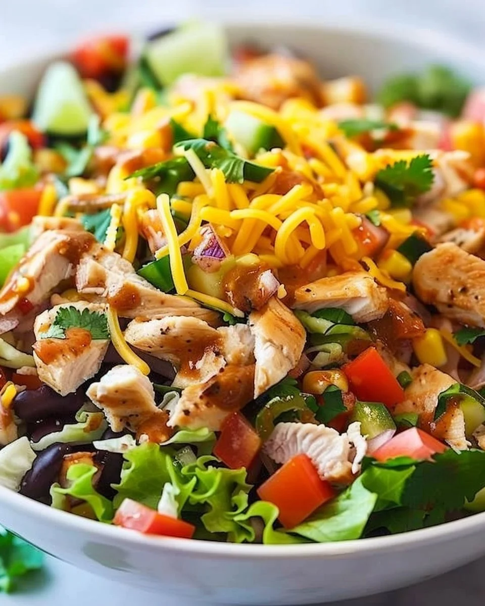 Delicious Tex-Mex Chicken Salad topped with fresh chopped veggies