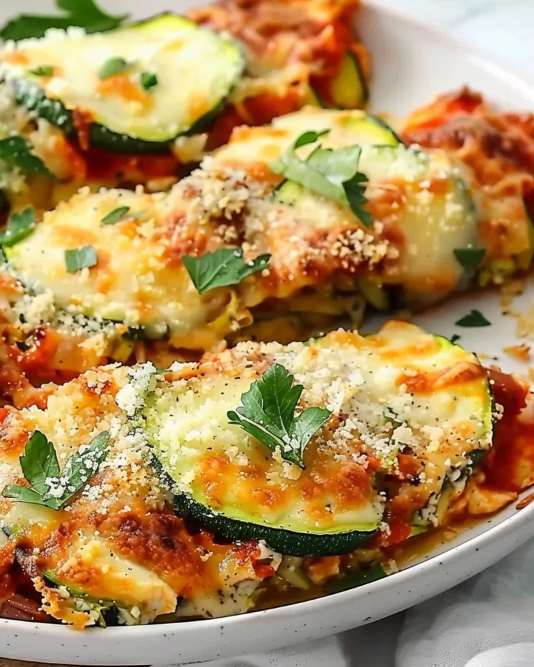 Three-Cheese Zucchini Parmesan baked with melty cheeses and fresh zucchini.