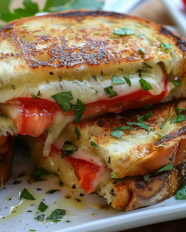 Delicious tomato grilled cheese sandwich with melted cheese and toasted bread.