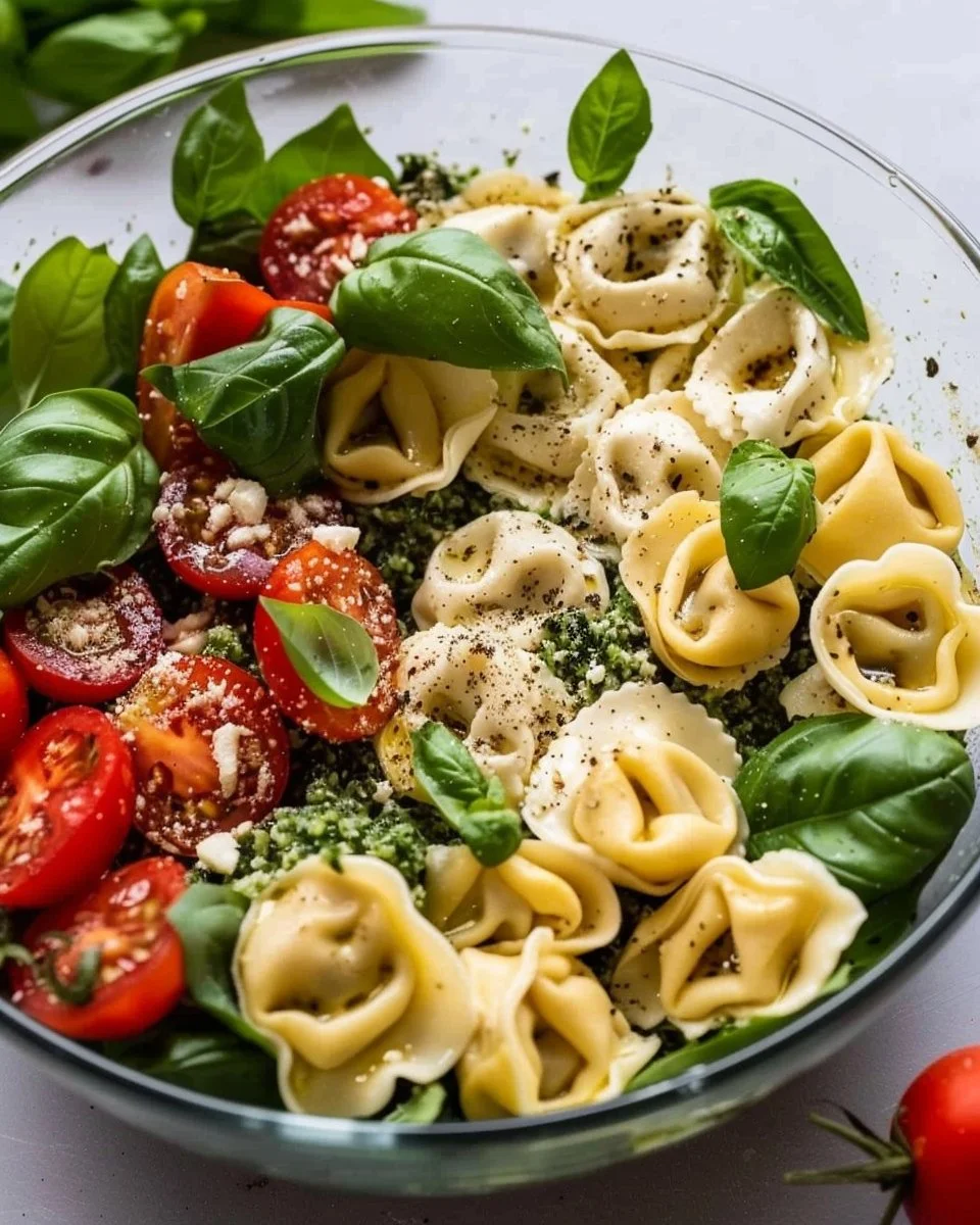 A vibrant Tortellini Caprese Salad with tomatoes, basil, and mozzarella cheese.