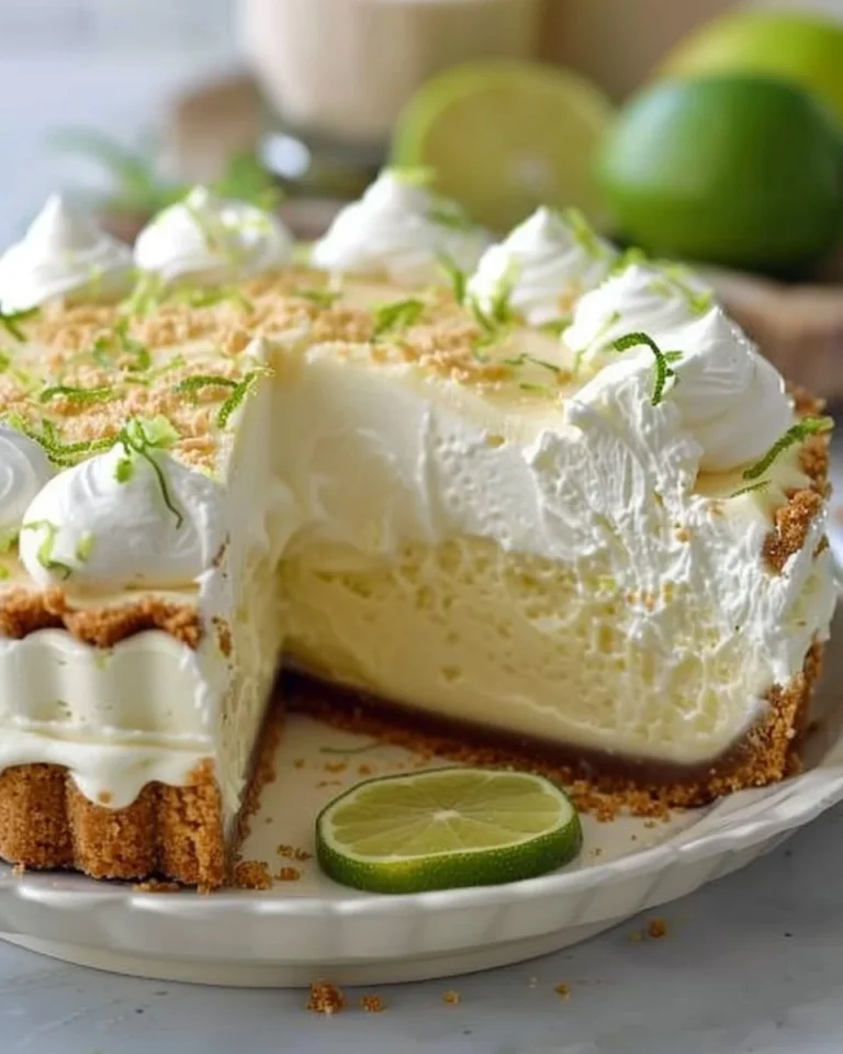 Triple-layer key lime pie with whipped cream and lime slices on top