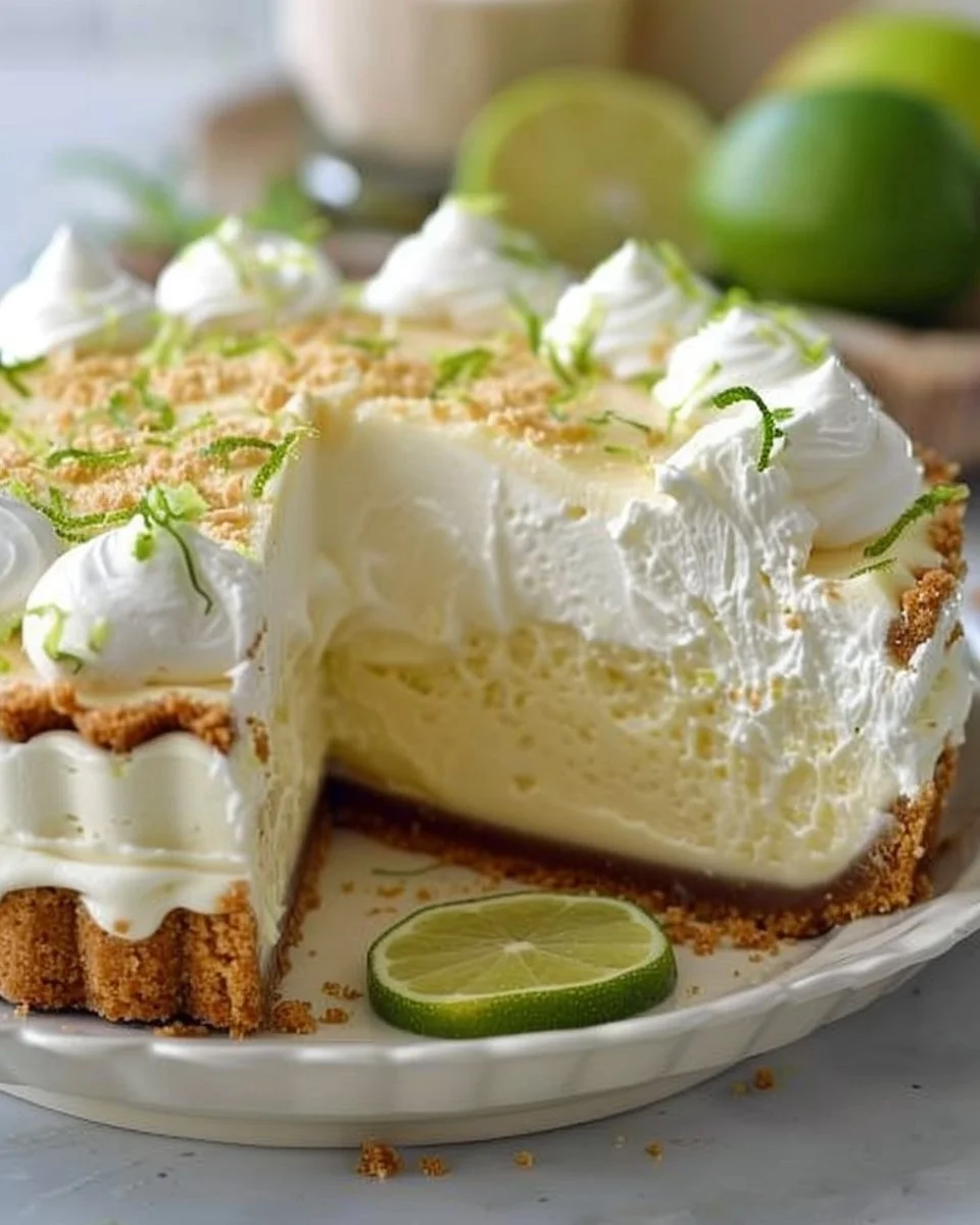 Triple-layer key lime pie with whipped cream and lime slices on top