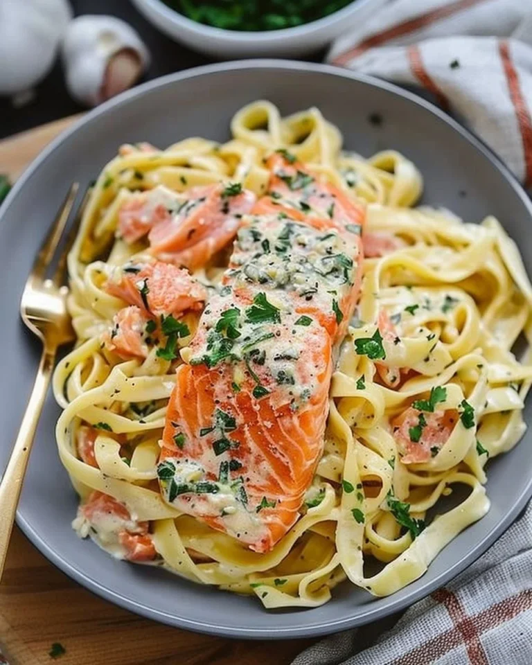 Delicious Tuscan Salmon Fettuccine Alfredo plated with herbs and parmesan cheese