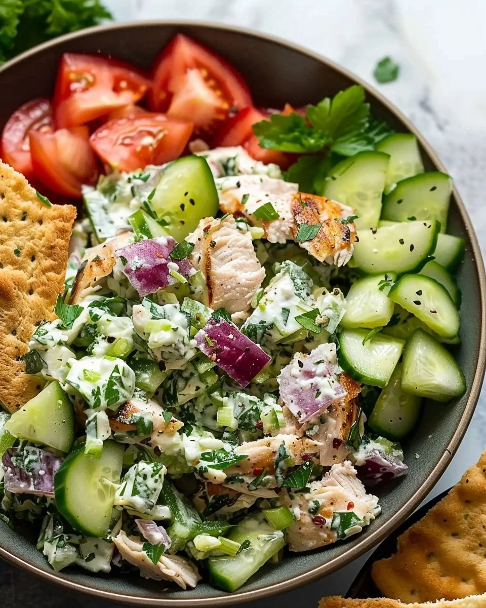 A vibrant Tzatziki Chicken Salad with fresh vegetables and a creamy dressing