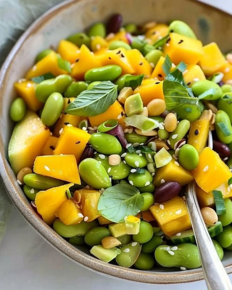 Vegan high-protein edamame mango salad with fresh ingredients