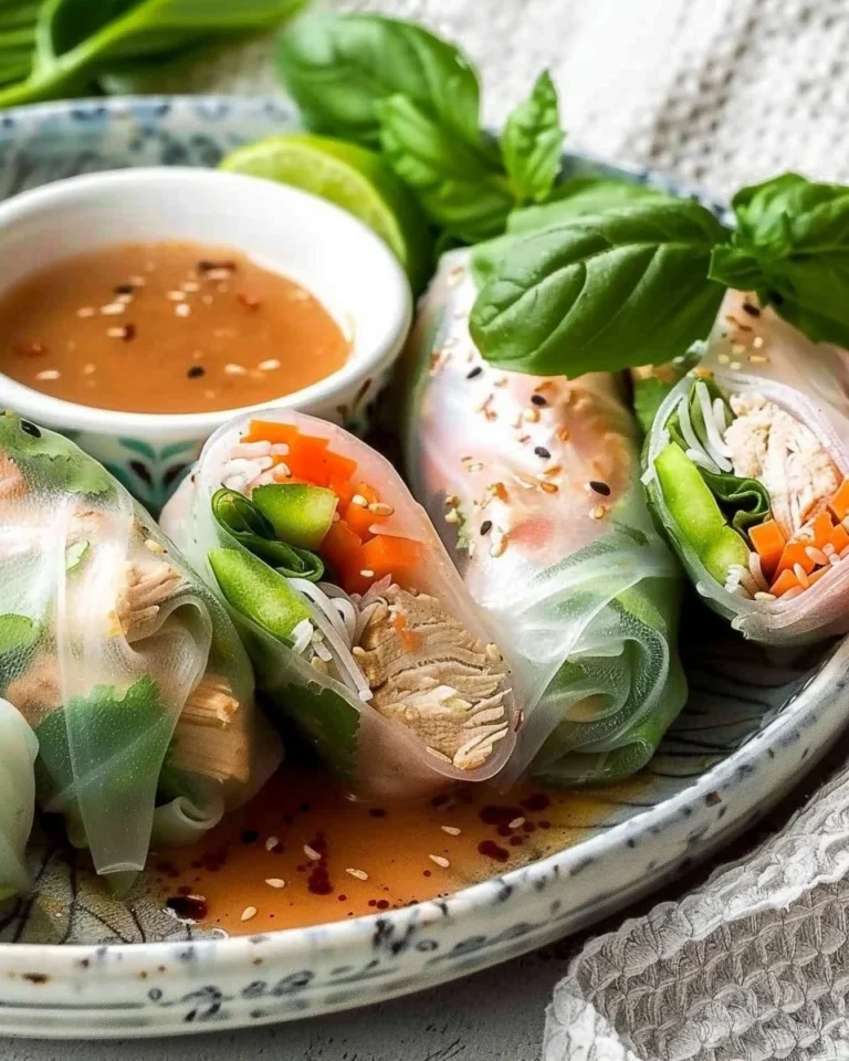 Vietnamese chicken summer rolls with fresh herbs and vegetables