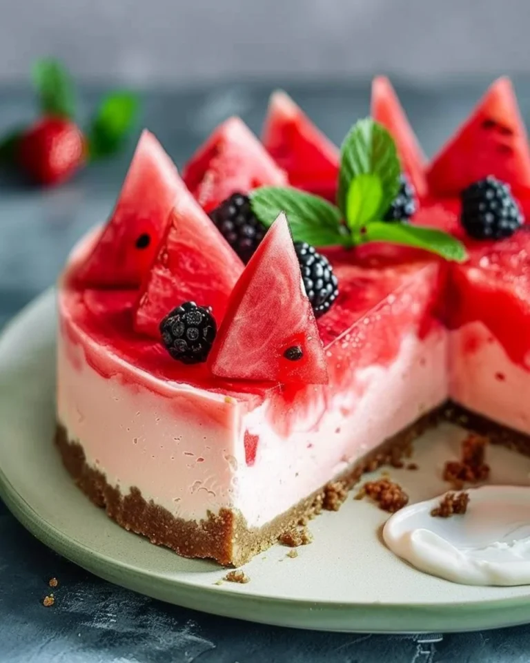 No-bake watermelon cheesecake topped with fresh watermelon slices
