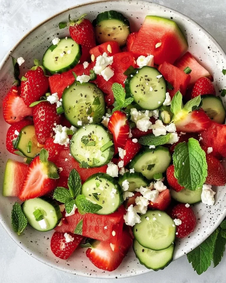Colorful Watermelon Feta Salad with strawberries and cucumbers in a bowl.
