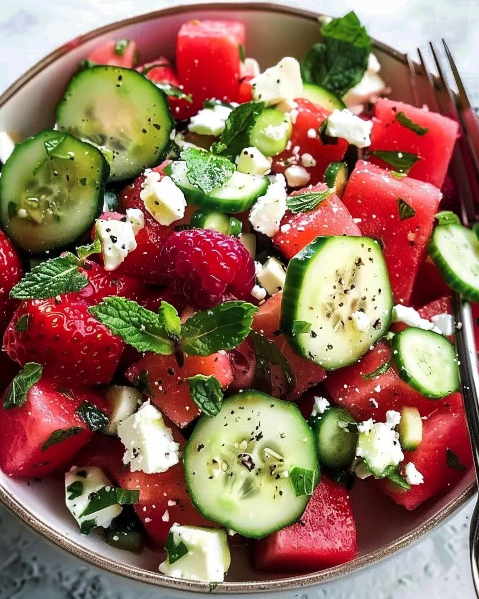 Watermelon Feta Salad with Strawberries & Cucumbers