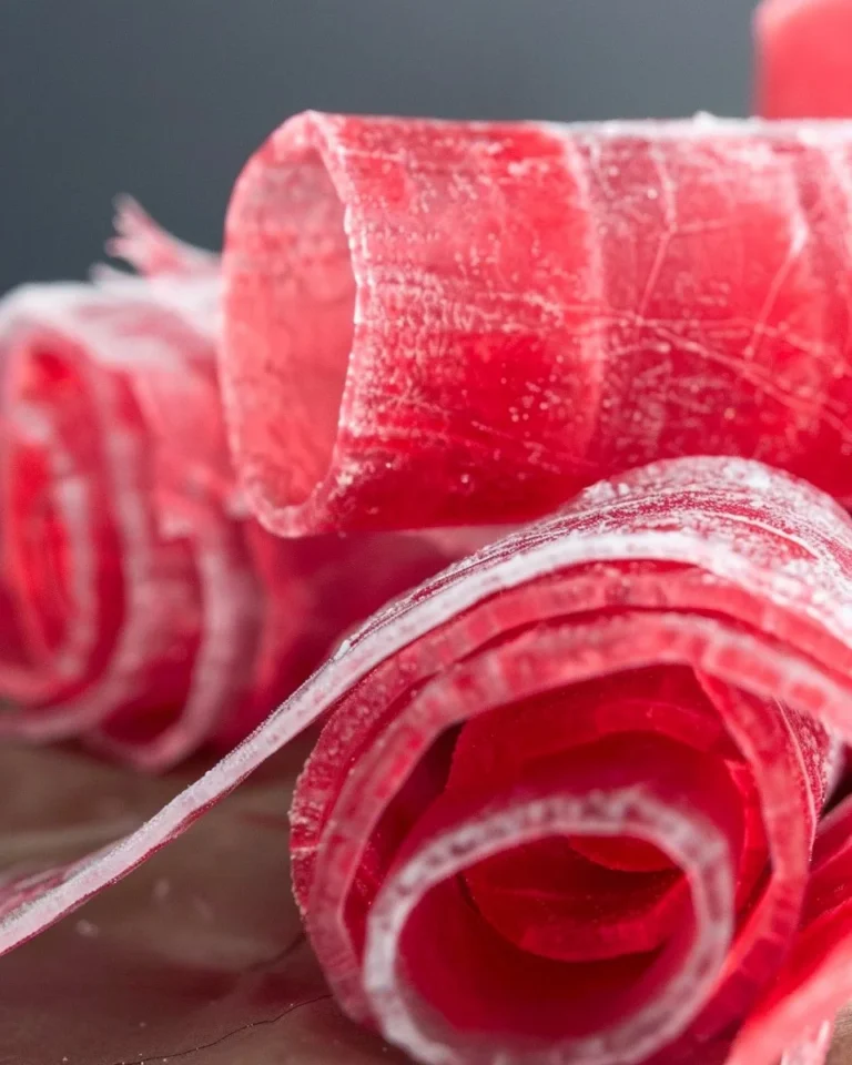 Watermelon leather snack made from dehydrated watermelon fruit.