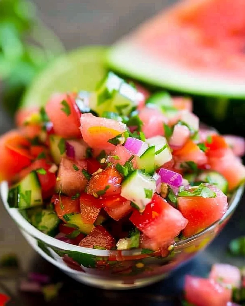 Bowl of fresh watermelon salsa with lime and cilantro