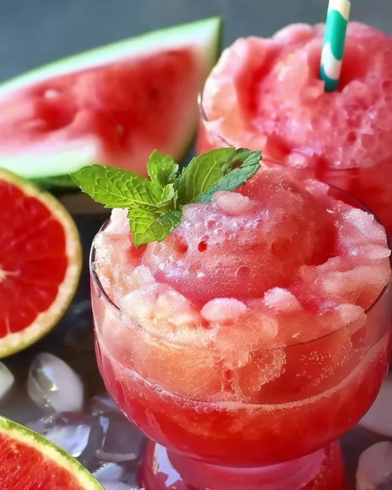 Refreshing watermelon slushies in a glass garnished with mint leaves