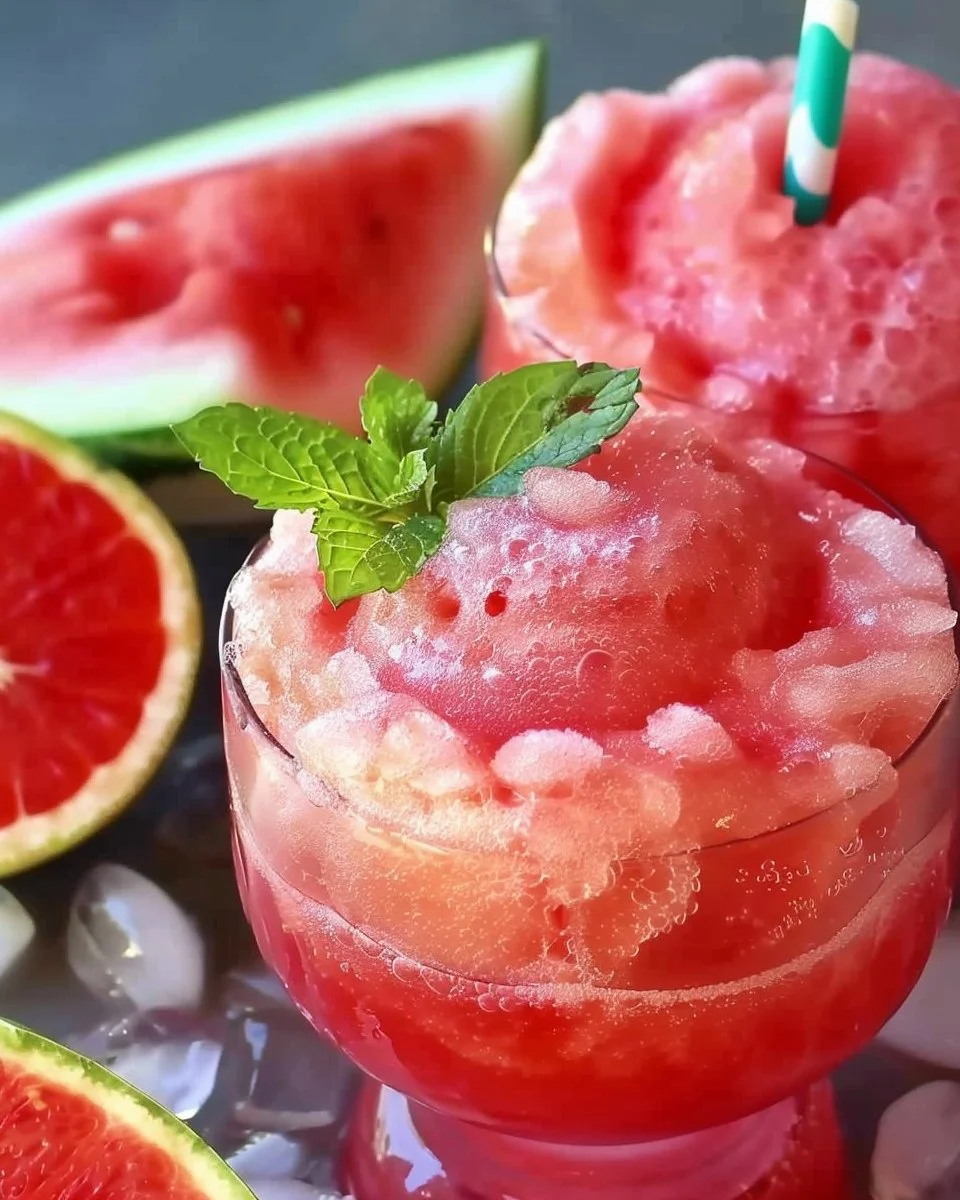 Refreshing watermelon slushies in a glass garnished with mint leaves