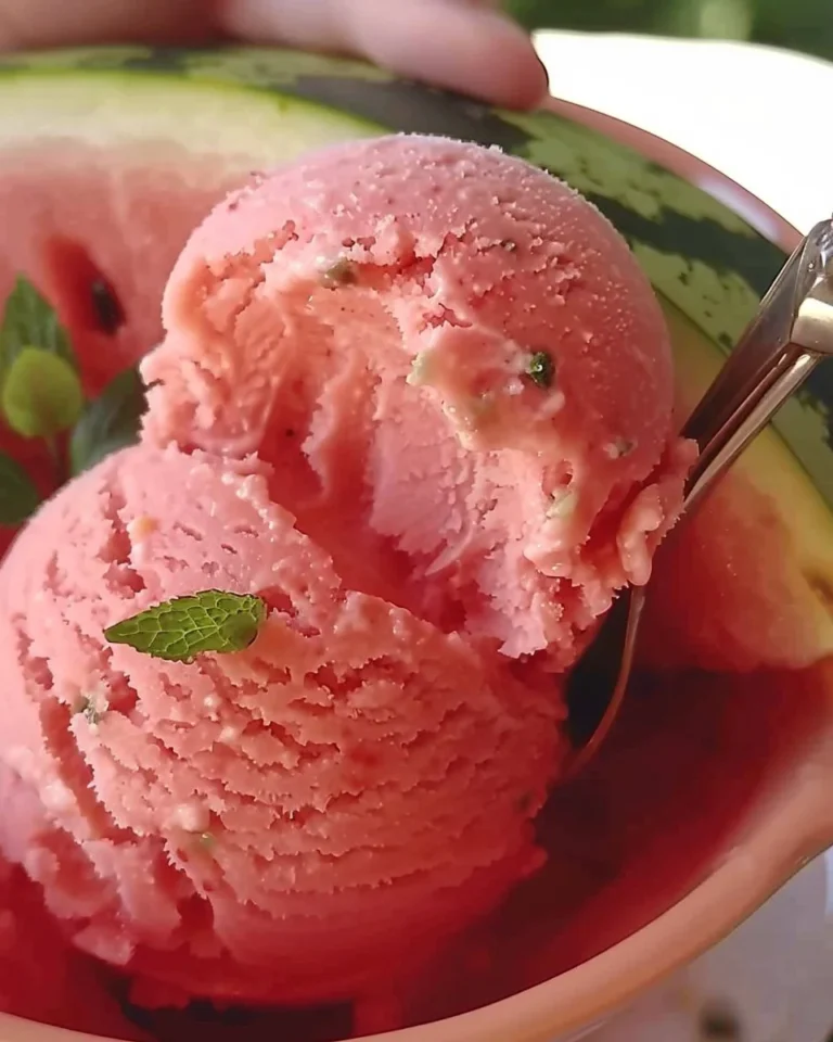 A bowl of homemade Watermelon Sorbet garnished with mint leaves.