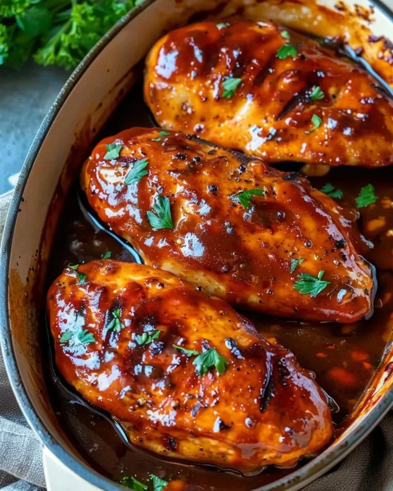 30 Minute BBQ Baked Chicken Breasts served on a plate with garnish