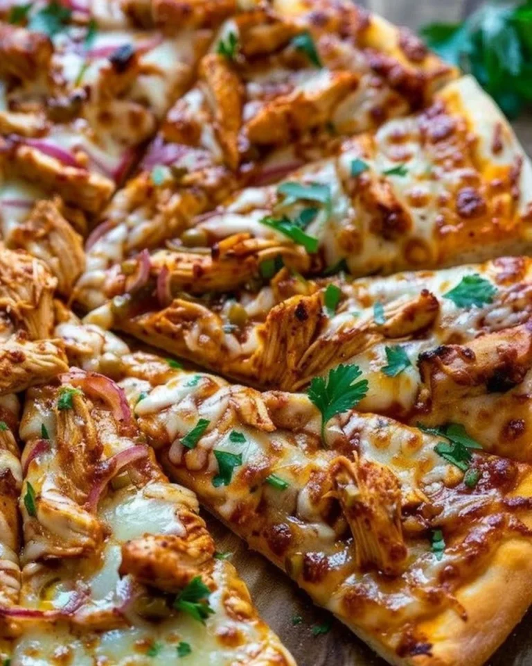 Delicious BBQ Chicken Pizza topped with grilled chicken and barbecue sauce