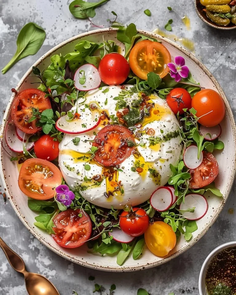 Delicious Burrata Salad with creamy cheese and fresh vegetables