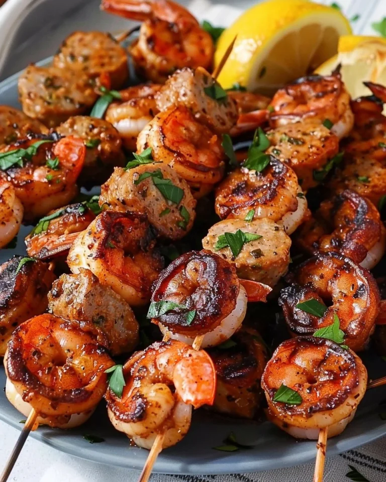 Cajun butter shrimp and sausage skewers on a grill
