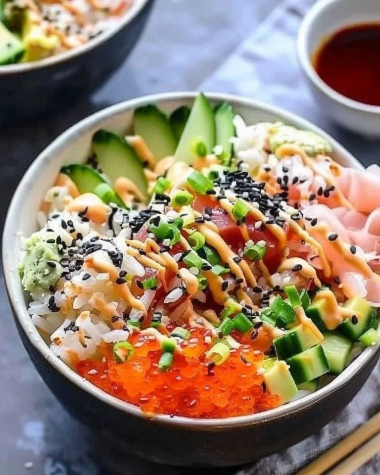 California Roll-inspired sushi bowls with fresh ingredients and vibrant colors.