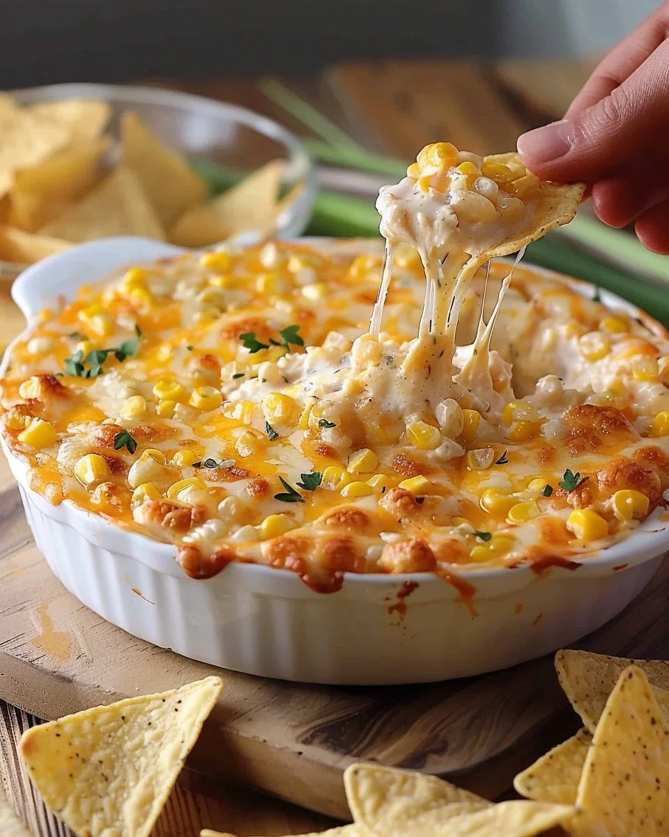 Cheesy Mexican Corn Dip served in a bowl with tortilla chips