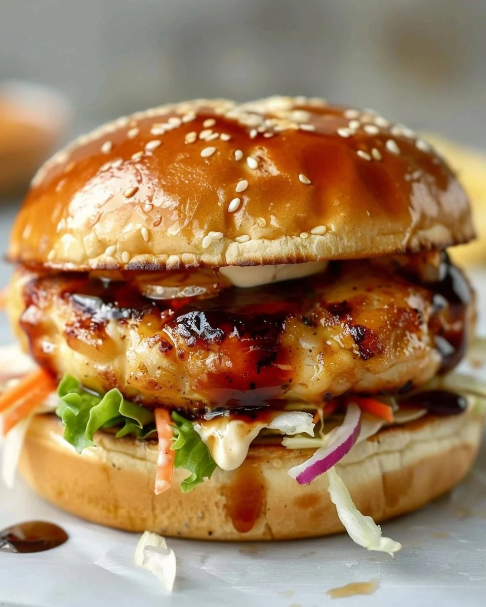 Homemade Chicken Teriyaki Burger with lettuce and sauce on a bun