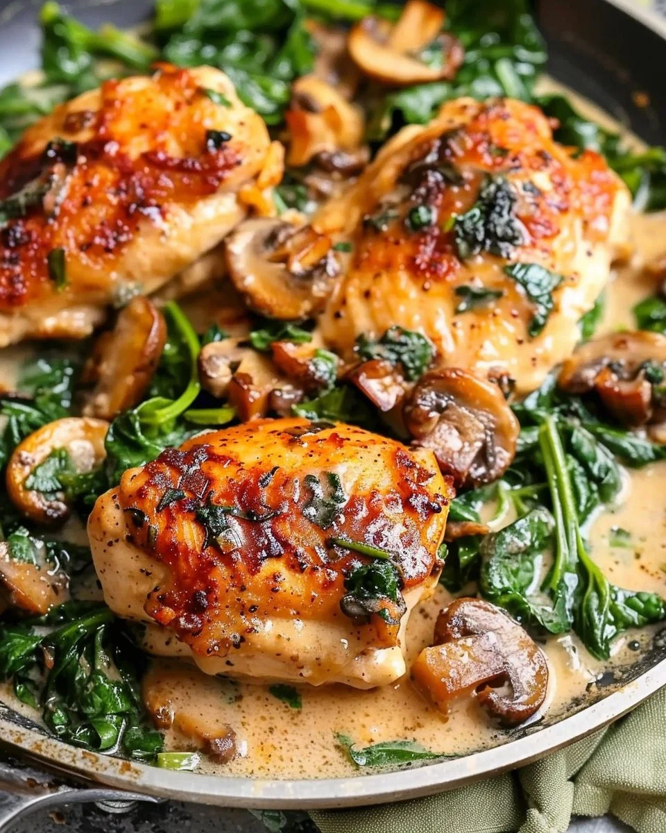 Delicious chicken dish with fresh spinach and mushrooms served on a plate