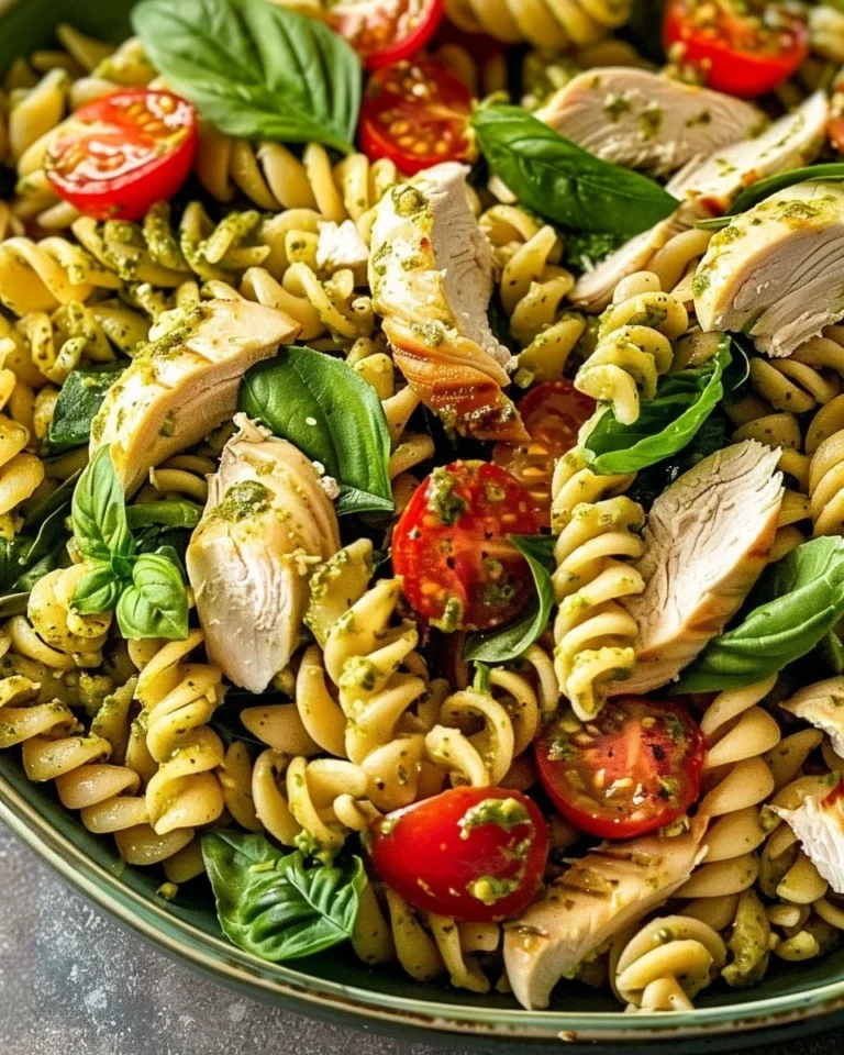 Creamy chicken pesto pasta salad with fresh vegetables and herbs