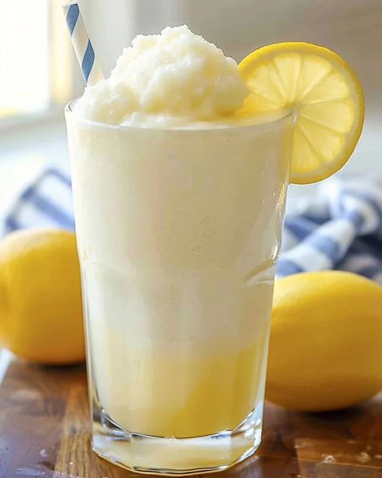 A refreshing glass of creamy lemonade garnished with lemon slices.