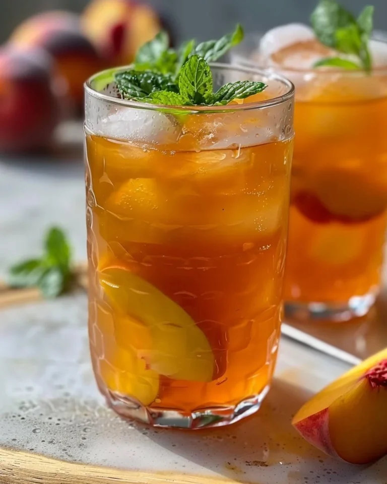 A glass of homemade peach iced tea with fresh peaches and ice