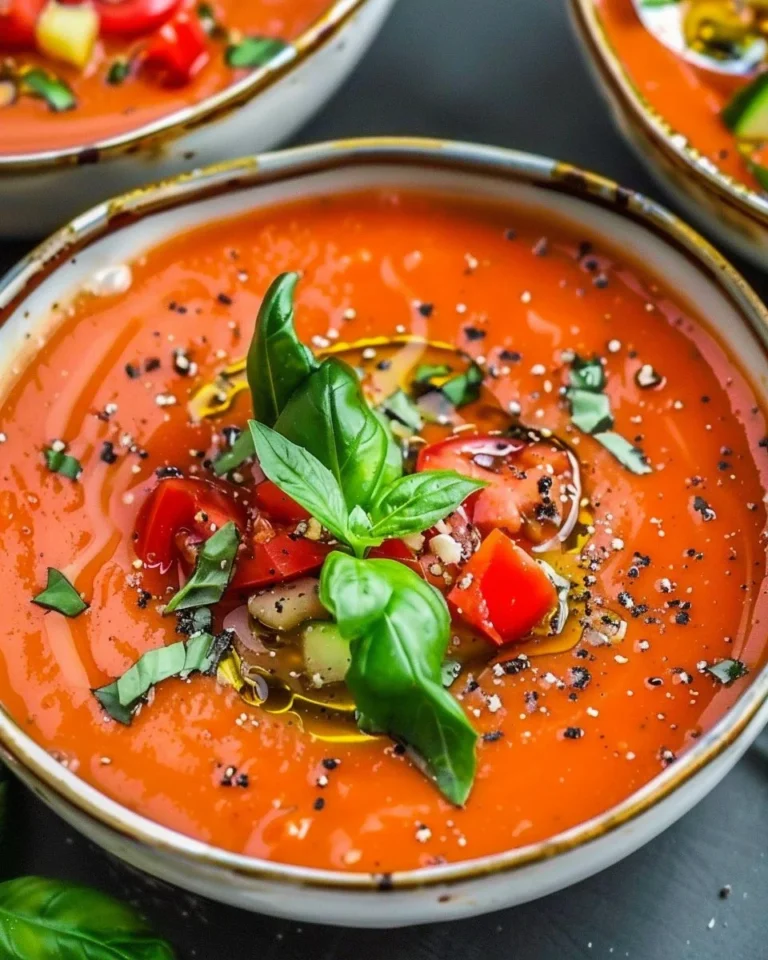 Bowl of easy vegan gazpacho made with fresh vegetables and herbs