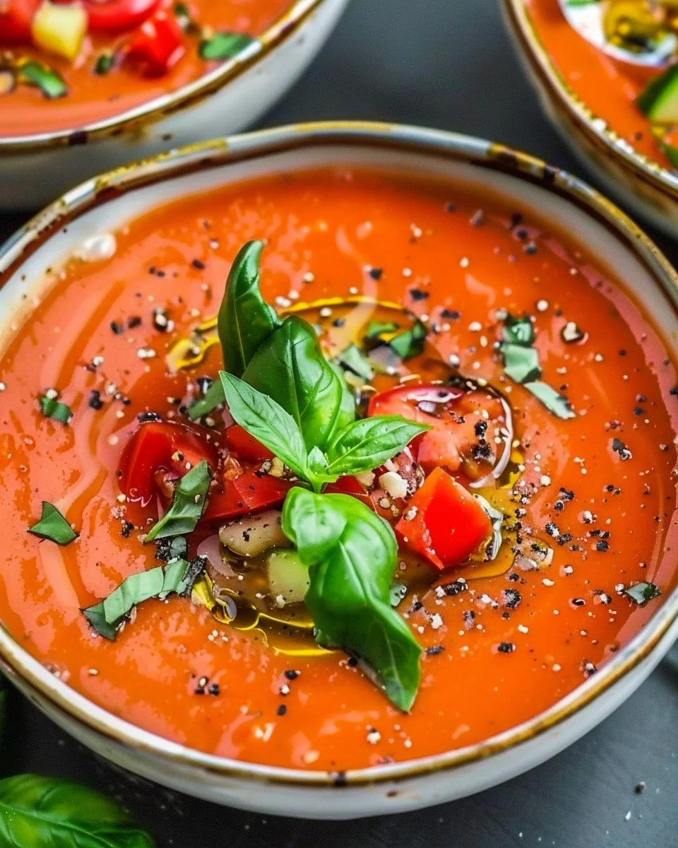 Bowl of easy vegan gazpacho made with fresh vegetables and herbs