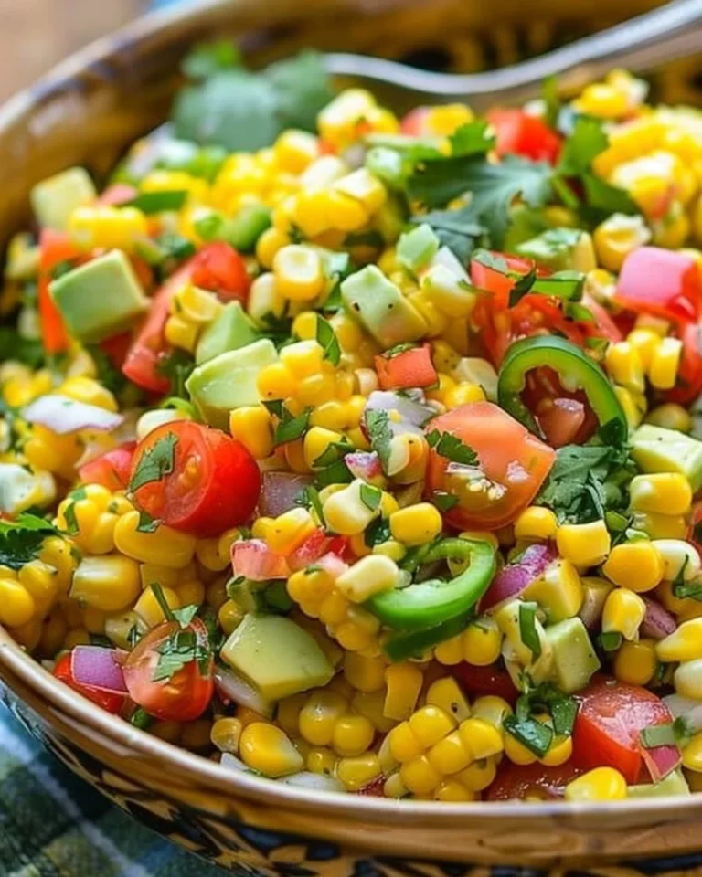 Bowl of fresh corn salad with cherry tomatoes and herbs